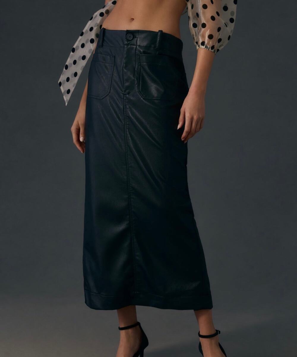 ANTHROPOLOGIE Maeve The Colette Faux Leather Maxi Skirt Black Large L